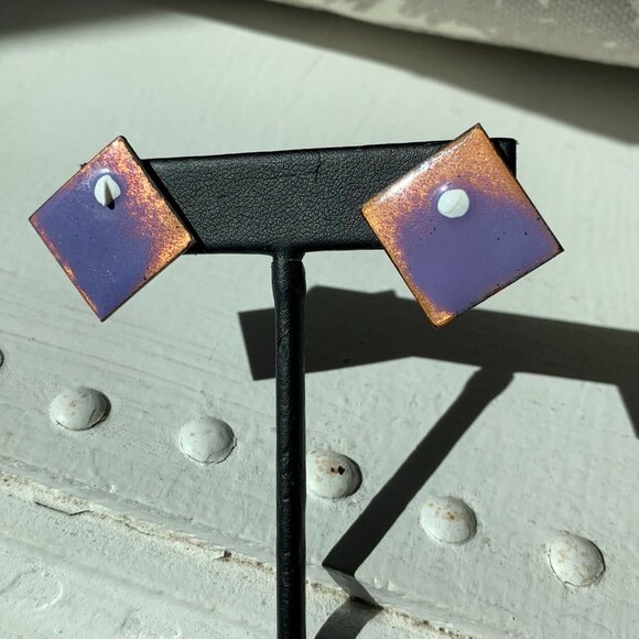 Vintage Abstract Midcentury Copper Earrings Purple Splatter Paint - Picture 2 of 7